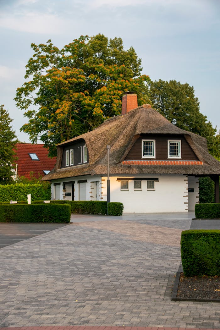 Cozy thatched-roof cottage in a sunny suburban neighborhood with lush greenery.